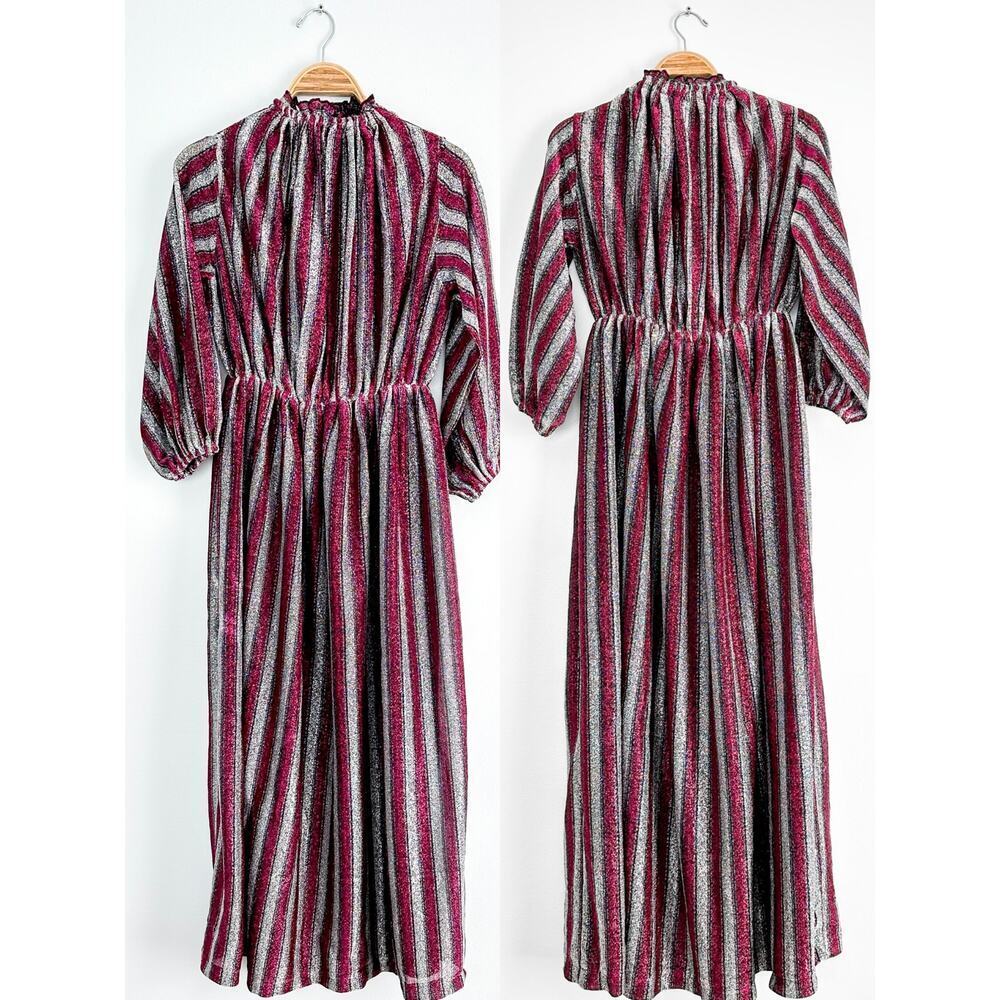 Vintage 70s Magenta Silver Stripe Glitter Sparkle Disco Party Maxi Dress small